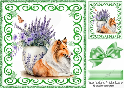 Green Swirl 8x8 card front with Beautiful Collie and Flowers (two)