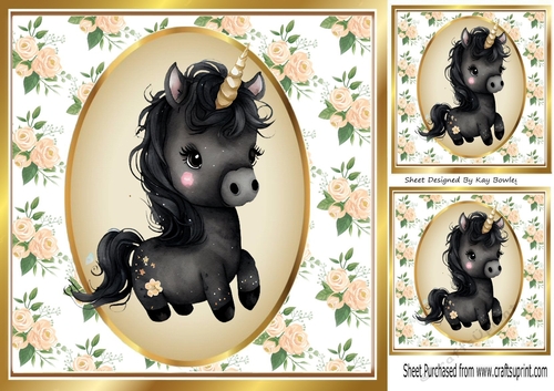Pretty Peach Roses with Black Unicorn on a topper 8x8 (one)