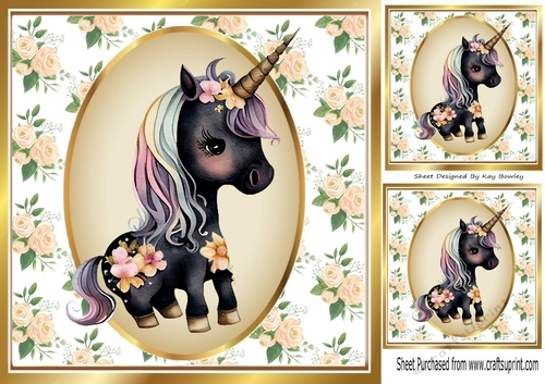 Pretty Peach Roses with Black Unicorn on a topper 8x8 (two)