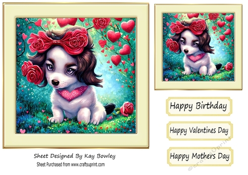 Cute little puppy with hearts and roses in cream frame 7x7 (two)