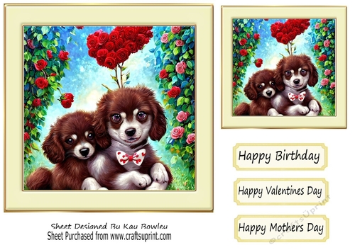 Cute little puppies with hearts and roses in cream frame 7x7 (three)