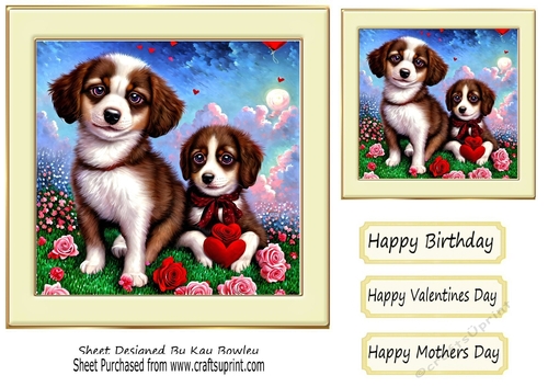 Cute little puppies with hearts and roses in cream frame 7x7 (four)
