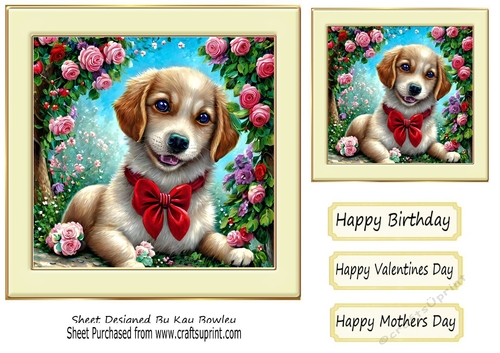 Cute little pup with hearts and roses in cream frame 7x7 (five)