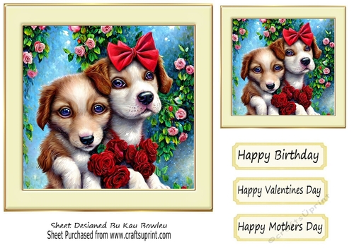 Cute little pooch  cuddles with hearts and roses in cream frame 7x7 (seven)