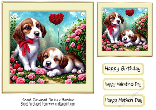 Cute little fur babies with hearts and roses in cream frame 7x7 (eight)