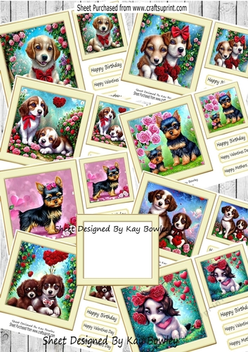  8 Cute little puppies with hearts and roses in cream frame 7x7 BUMPER KIT