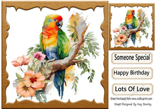 Lovely Parrot  on a Branch with Flowers 8x8 (two)