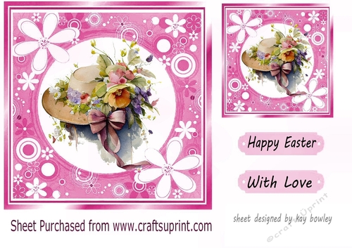 Pretty Easter Bonnet with flowers in pink floral frame 7x7 (three)