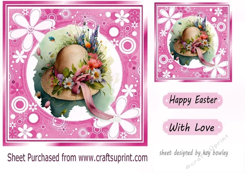 Pretty Easter Bonnet with flowers in pink floral frame 7x7 (four)
