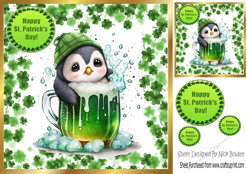 Cute Penguin in St Patricks Clover Frame 8x8 (four)