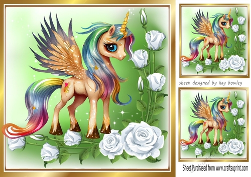 Pretty Rainbow Unicorn with white roses 8x8