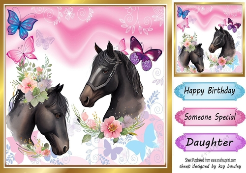  Black Unicorns with Pink/Purple Butterflies and Flowers 8x8 