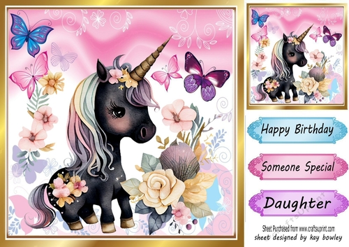  Black Cute Unicorn with Butterflies and Flowers 8x8