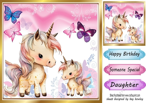 Cute  Unicorn with baby with Butterflies and Flowers 8x8