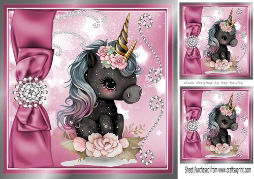 Lovely Black Unicorn with Pink Roses and Bow 8x8