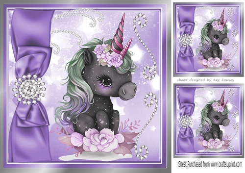 Lovely Black Unicorn with Lilac Roses and Bow 8x8