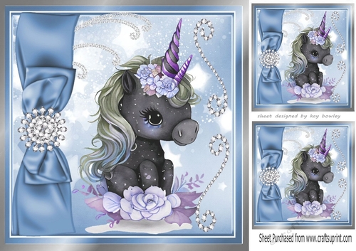Lovely Black Unicorn with Roses and Blue Bow 8x8