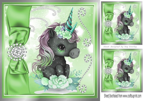 Lovely Black Unicorn with  Roses and Green Bow 8x8