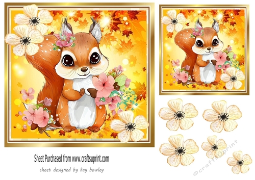Autumn Leaves with flowers and cute squirrel 7x7 (one) 