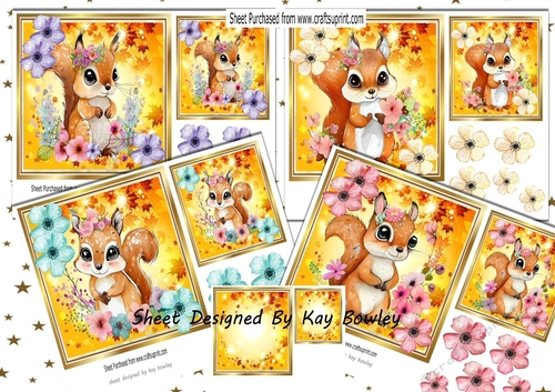  4 Autumn Leaves with flowers and cute squirrels 7x7 Mini Kit