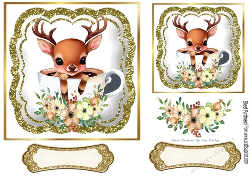 Pretty Deer in A Teacup with Flowers And Glitter Topper 7x7 (one)