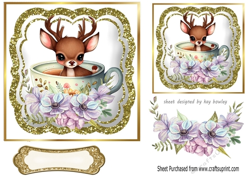 Pretty Deer in A Teacup with Flowers And Glitter Topper 7x7 (two)