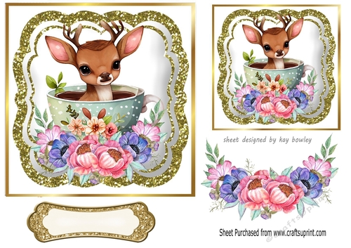 Pretty Deer in A Teacup with Flowers And Glitter Topper 7x7 (three)
