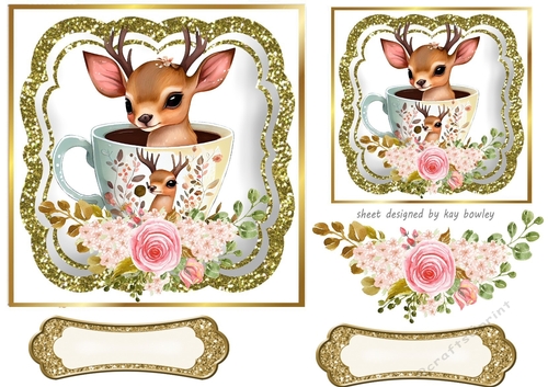 Pretty Deer in A Teacup with Flowers And Glitter Topper 7x7 (Four)