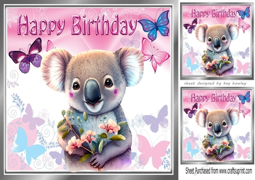 Cute Koala Bear with Pink Butterflies 8x8 (three)