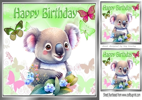 Cute Koala Bear with Green Butterflies 8x8 (four)
