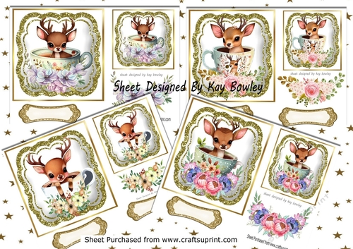  4 Pretty Deers in Teacups with Flowers And Glitter Toppers 7x7 Mini Kit