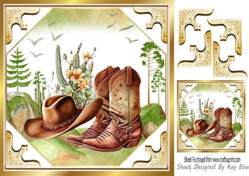 Country & Western Boots & Hat in Country Scene 8x8