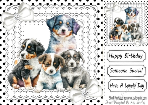 Cute Puppies on lace, black polkdot, white Diamante Bows 8x8 (two)