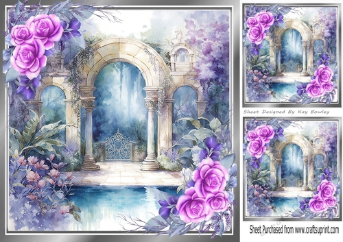 Pretty Garden with pretty purple corner roses 8x8 (three)
