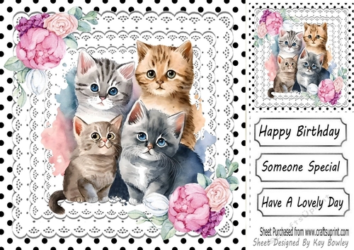 Cute cats & Kittens on lace, black polkdot,with pink roses 8x8 (three)