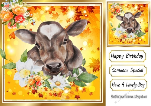 Autumn yellow leaf frame 8x8 with flowers and a cow
