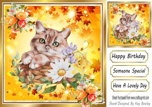 Autumn yellow leaf frame 8x8 with flowers and a cat
