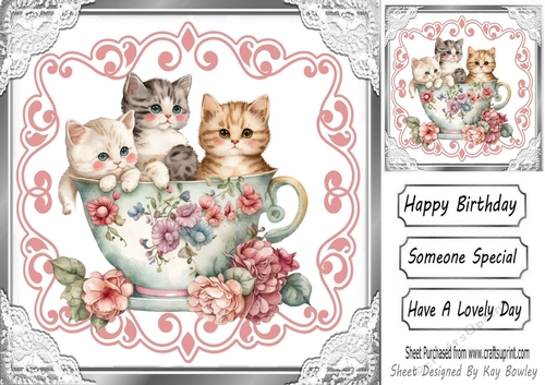 Pretty Roses & Lace Vintage Teacup With Kittens 8x8 (one)