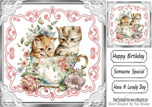 Pretty Roses & Lace Vintage Teacup With Kitten 8x8 (three)