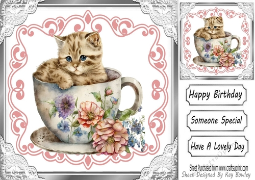 Pretty Roses & Lace Vintage Teacup With cute Kitten 8x8 (two)