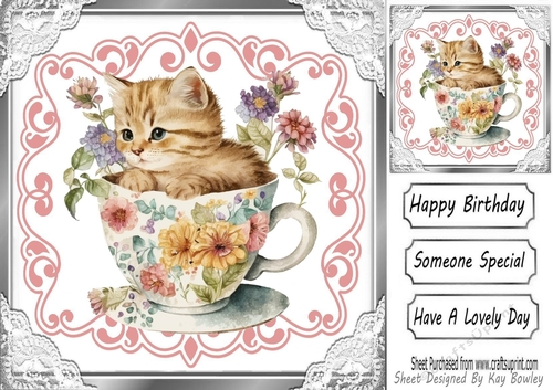 Pretty Roses & Lace Vintage Teacup With Kitten 8x8 (four)