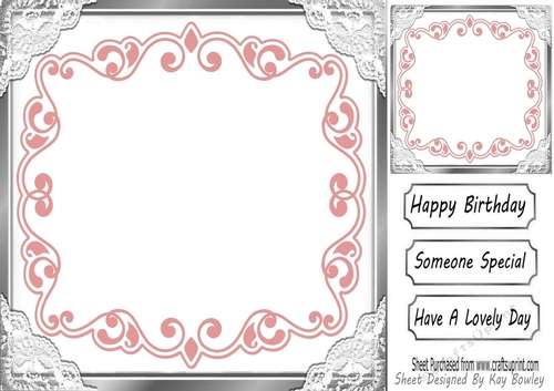 silver pink scroll and lace corners  card front /inserts 8x8