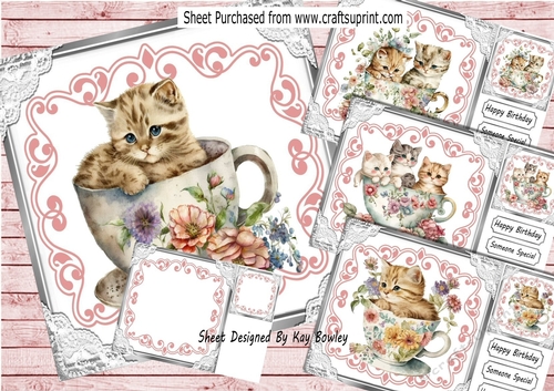  4 Pretty Roses & Lace Vintage Teacups With Kitten 8x8 Mini Kit