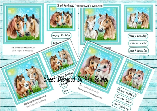  4 Cute Horses and foals In turq 6x6 Frames/card fronts Mini Kit