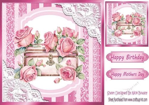 Pretty Pink Roses in a vintage Trunk with lace 8x8