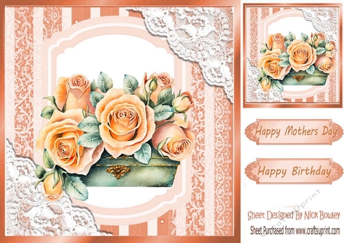 Pretty Peach Roses in a vintage Trunk with lace 8x8 (two)