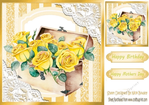 Pretty Yellow Roses in a vintage Trunk with lace 8x8 (three)