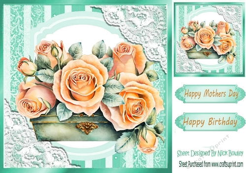  Peach Roses in a Vintage Trunk withTurq/ lace 8x8 (Four)