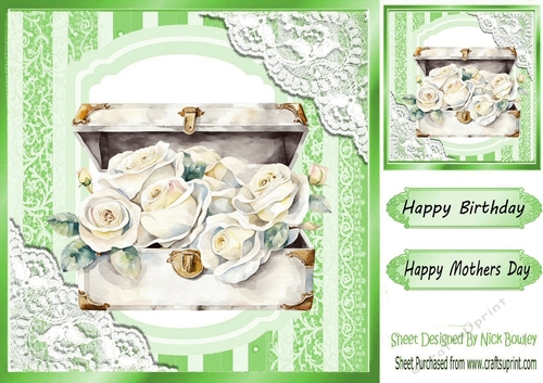 White Roses in a Vintage Trunk with Green/ lace 8x8 (Five)