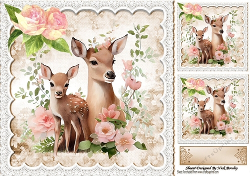 Sweet Deer with Baby with lace and peach roses 8x8